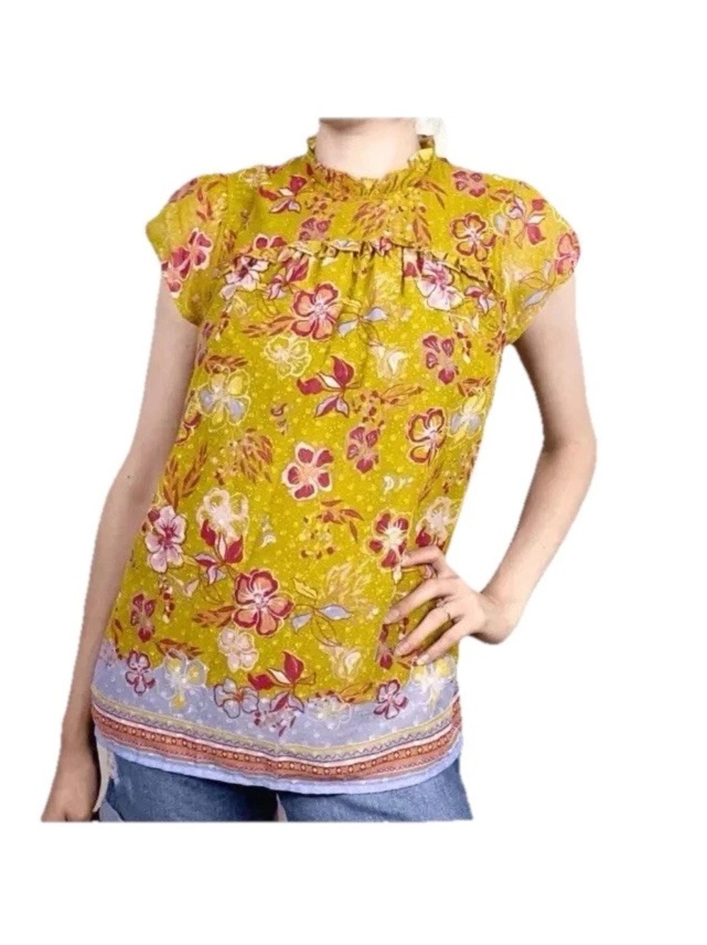 Joie L Mustard Yellow Floral Ruffled Cap Slve Peasant Cottagecore Smocked Blouse